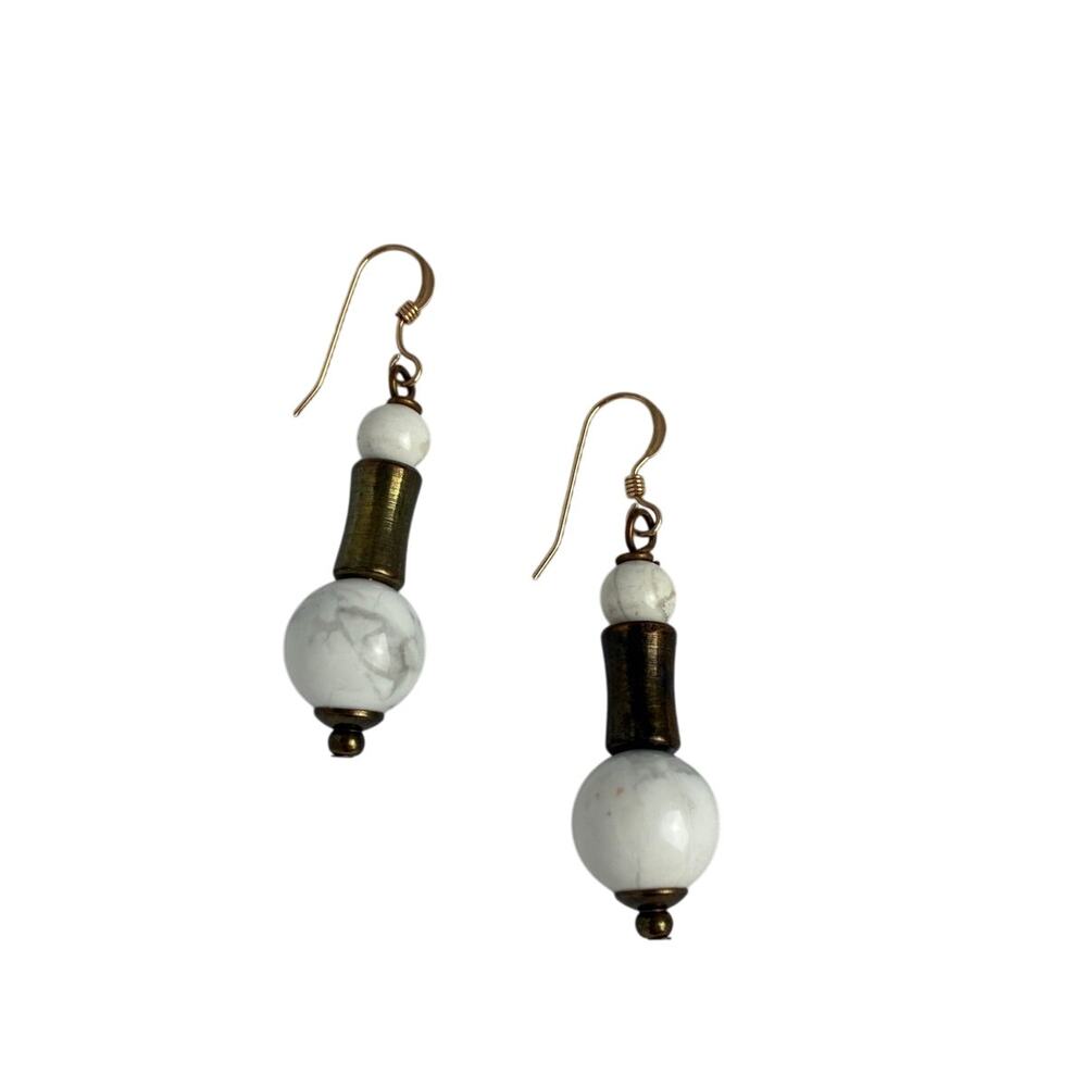 Vintage Tribal White Marble Bead Ball Dangle Earrings Swirl Bronze Boho Pierced